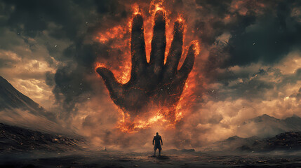 Titan's mark of vengeance - epic dark fantasy illustration of lone warrior swearing revenge in massive scorched demon handprint under smoldering skies. Titans Oath. Illustration