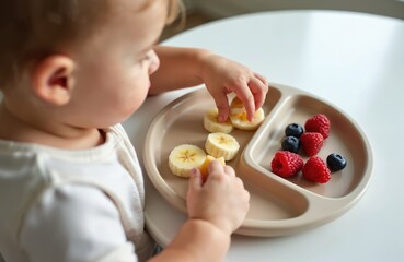 Toddler eats fresh fruit from plate. Child hands take pieces of banana berries. Healthy eating habit concept. Infant learns nutrition, vitamins, proper food. Baby boy at home in sunlight.