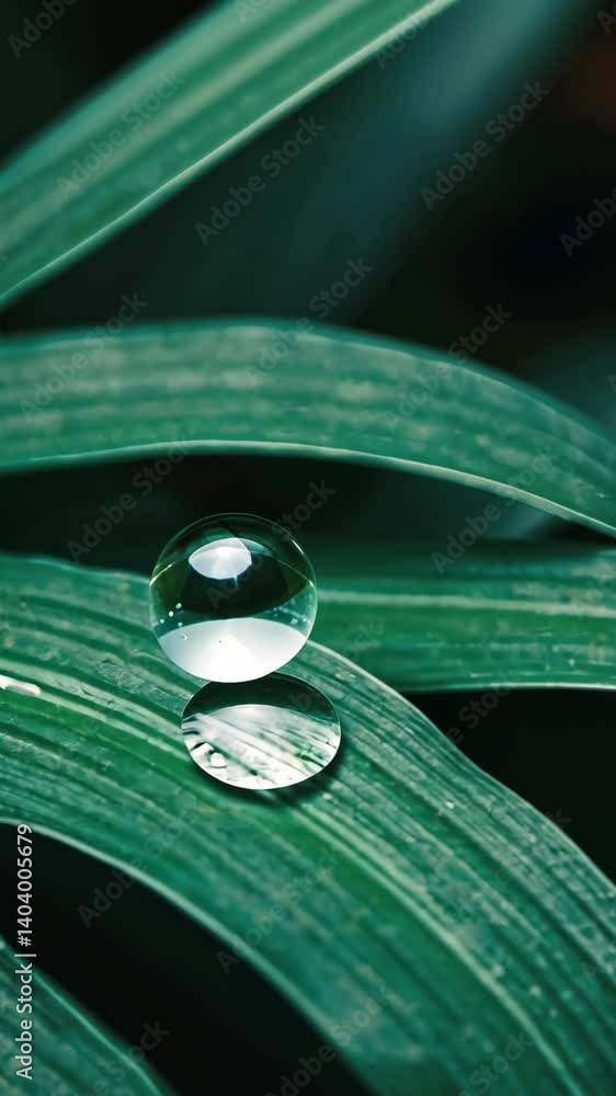 Poster two pristine water drops resting on a green leaf surface, creating a serene and refreshing natural s