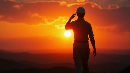 Fototapeta premium A striking silhouette of a soldier saluting against a vibrant sunset, symbolizing respect and honor for service and sacrifice.