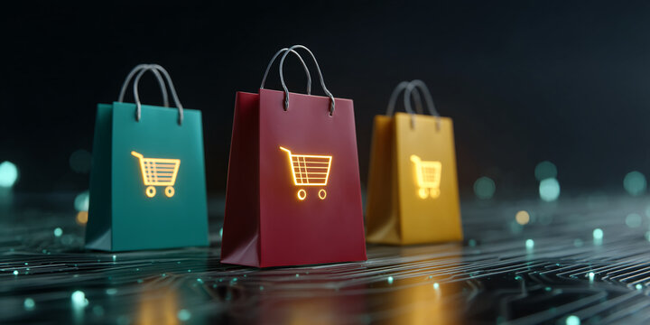 Three shopping bags, teal, red, and yellow, feature glowing shopping cart icons.  They showcase online shopping and e-commerce concepts