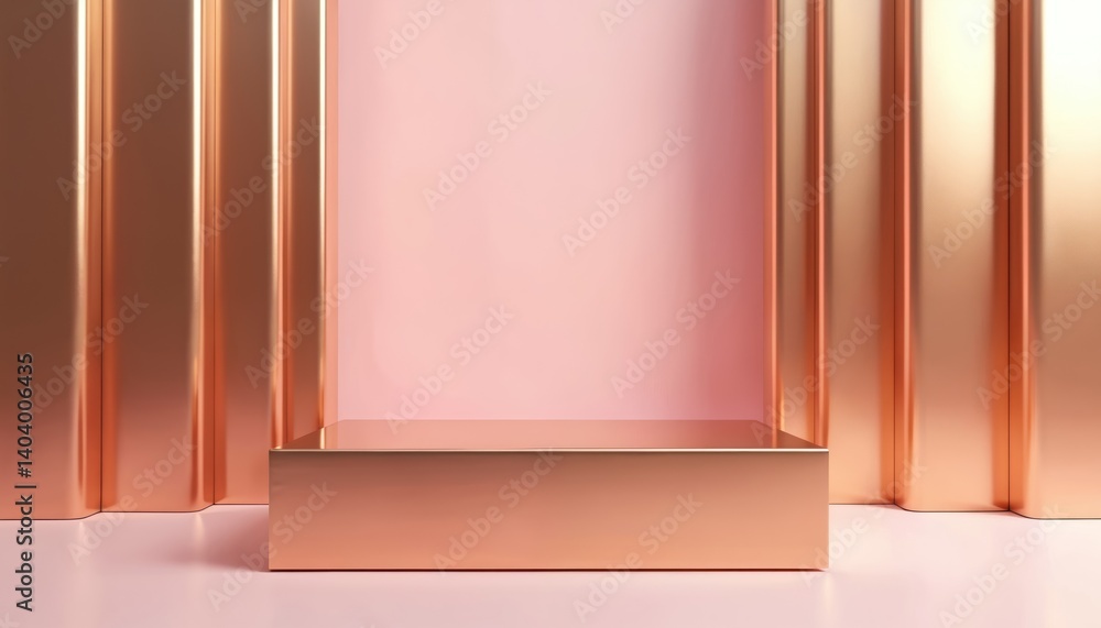 Poster abstract 3d render of golden stage display on pink background. copper podium pedestal showcase for c