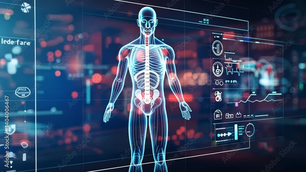 Aufkleber A digital representation of the human body is surrounded by interactive health metrics and diagnostics, showcasing a future of healthcare technology that enhances patient understanding and engagement.