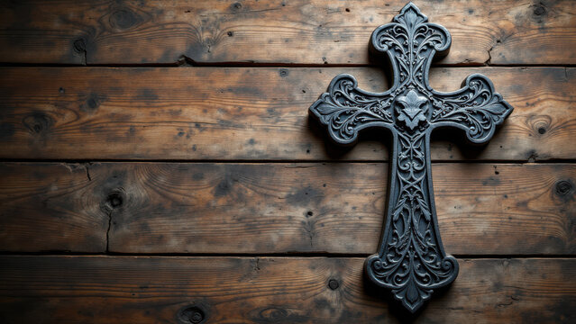 An intricately designed wooden cross on a weathered wooden wall.