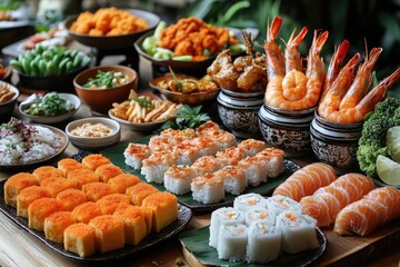 Assortment of Japanese Cuisine on a Wooden Table