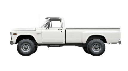 Side View of a Classic White Pickup Truck on a Transparent Background for Automotive and Transportation Themes