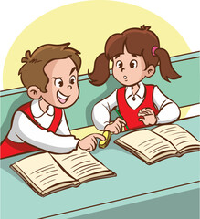 Vector illustration of student taking friend's eraser without permission