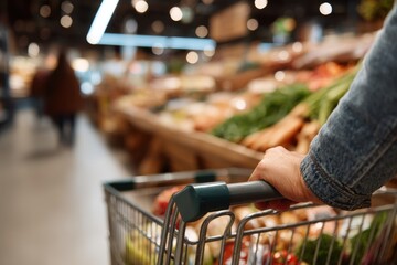 Customer pushing shopping cart in grocery store with fresh produce