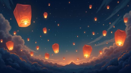 An illustration of whimsical paper lanterns floating in the night sky