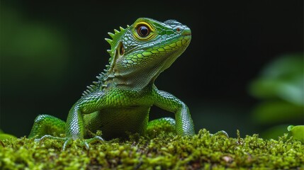 Fototapeta premium Vibrant green lizard perched on moss
