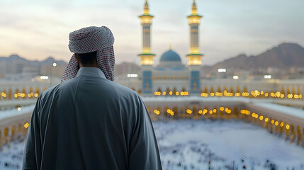 Man In Prayerful Pose Facing Mecca Mosque