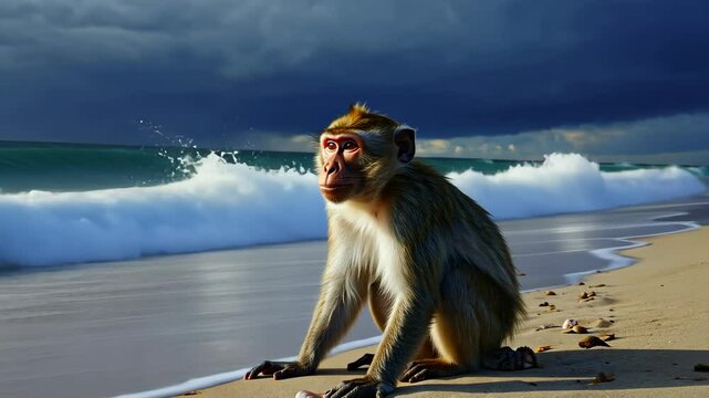 Thoughtful monkey contemplates the ocean waves while seated on a sandy beach under a stormy sky at sunset.