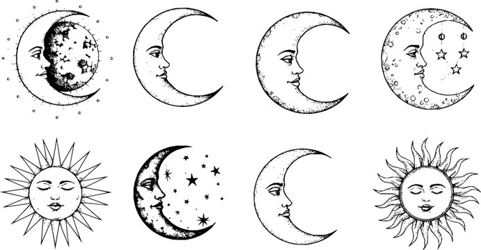Vector illustration Large set of different moon and sun styles. Hand drawn sketch of crescent and fool moon with human like face or planet in black and white, isolated. Detailed antique vintage style 