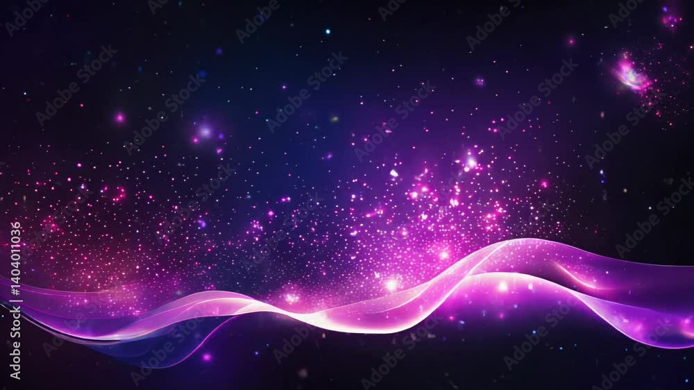 Poster digital purple particles wave and light abstract background with shining particles