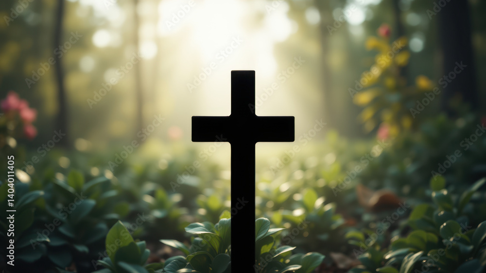 Poster cross standing tall in a forest clearing with soft sunlight filtering through trees.