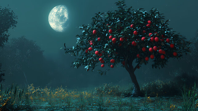 Lychee tree growing in a moonlit forest with its fruits glowing faintly in the dark creating a mystical and ethereal atmosphere scientific name litchi chinensis. Moonlit Fiber. Illustration