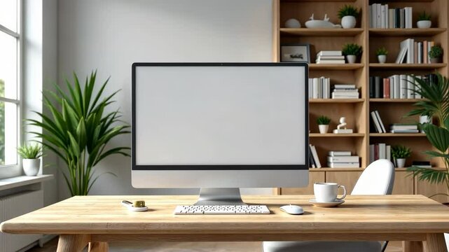 Large monitor on wooden desk with keyboard, mouse, and cup, in cozy office space with bookshelf and green indoor plants in natural light