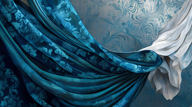 Blue silk drapes elegantly with subtle patterns. Netherwoven Silk. Illustration
