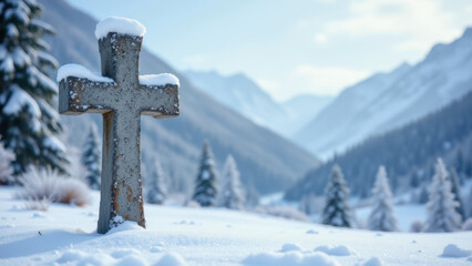 A weathered cross on a snow-covered ground with snowy mountain peaks in the background.