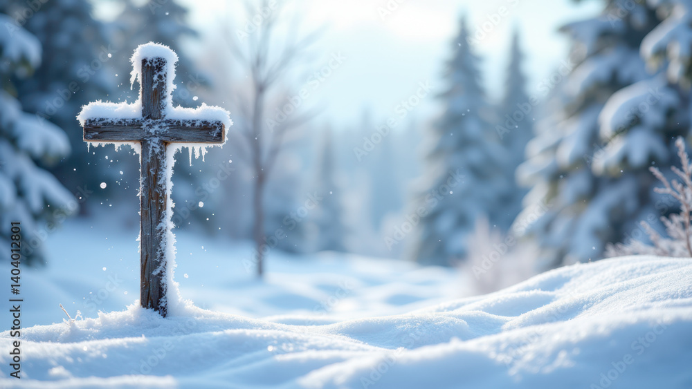 Poster a cross standing in a snowy landscape with trees covered in snow in the background.