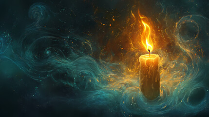 Fototapeta premium Manifest a delicate, golden candle flame flickers amidst a mystical aura, its gentle dance weaving intricate patterns that swirl with an otherworldly essence. Subconscious Weaving. Illustration
