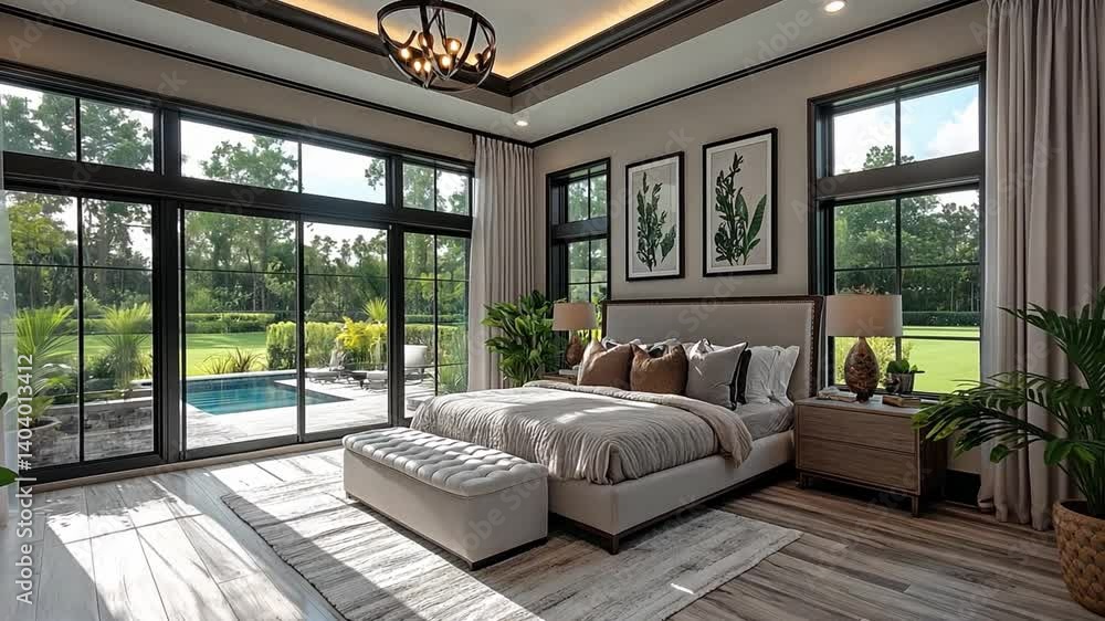 Poster this modern bedroom features large windows offering a view of the pool and garden.