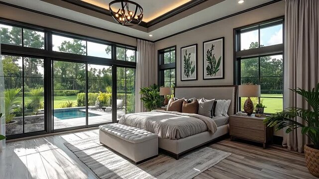 This modern bedroom features large windows offering a view of the pool and garden.