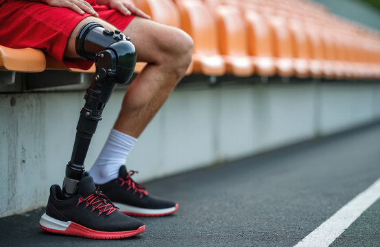 Caucasian man with prosthetic leg sits on bench at stadium. Close up of mechanical artificial limb with modern black sneaker. Handicapped, disabled person wearing sportswear outdoors, active