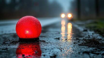 Red Illuminated Sphere on a Rainy Road at Night