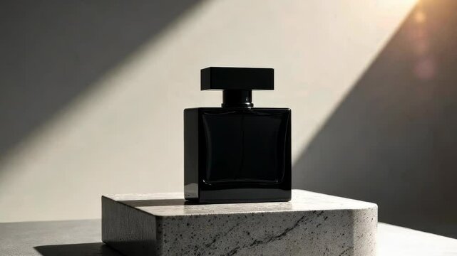 Black perfume bottle with rectangular shape on stone pedestal, realistic style, neutral background, concept of luxury and sophistication