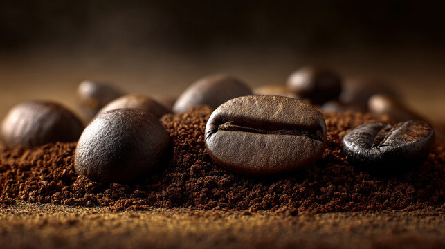 Close-up of roasted coffee beans and grounds, showcasing rich brown tones and textures, representing energy, aroma, and morning ritual