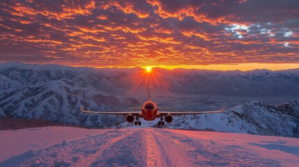 Obraz premium Majestic Sunset Airplane Landing on Snowy Mountain Peak