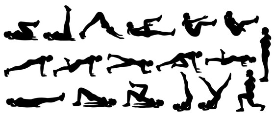 Body Exercise: A compilation of silhouette human figures, showcasing dynamic poses during an exercise routine. Capturing the beauty of movement and the essence of physical fitness.