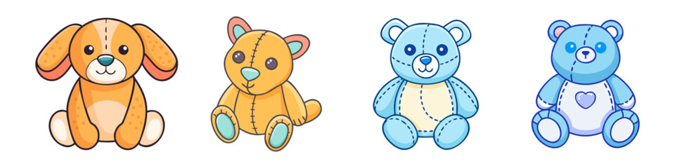 Obraz premium Cute plush toy collection, 4 stuffed animal icons in SVG format, blue and orange teddy bears and puppy dog, nursery character illustrations