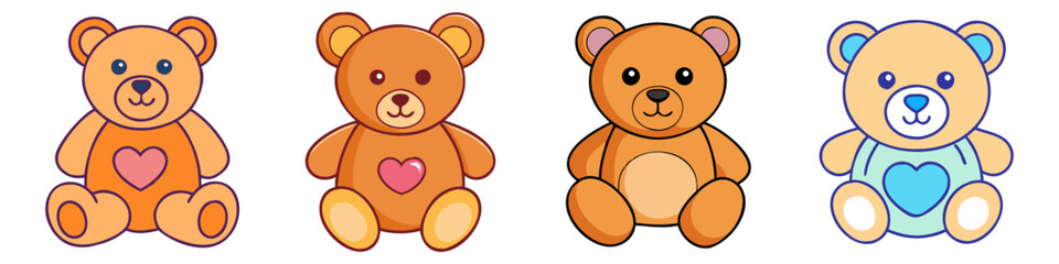 Obraz premium Cute teddy bear collection, set of 4 cartoon plush toy characters with hearts, brown and blue nursery bear illustrations in SVG format