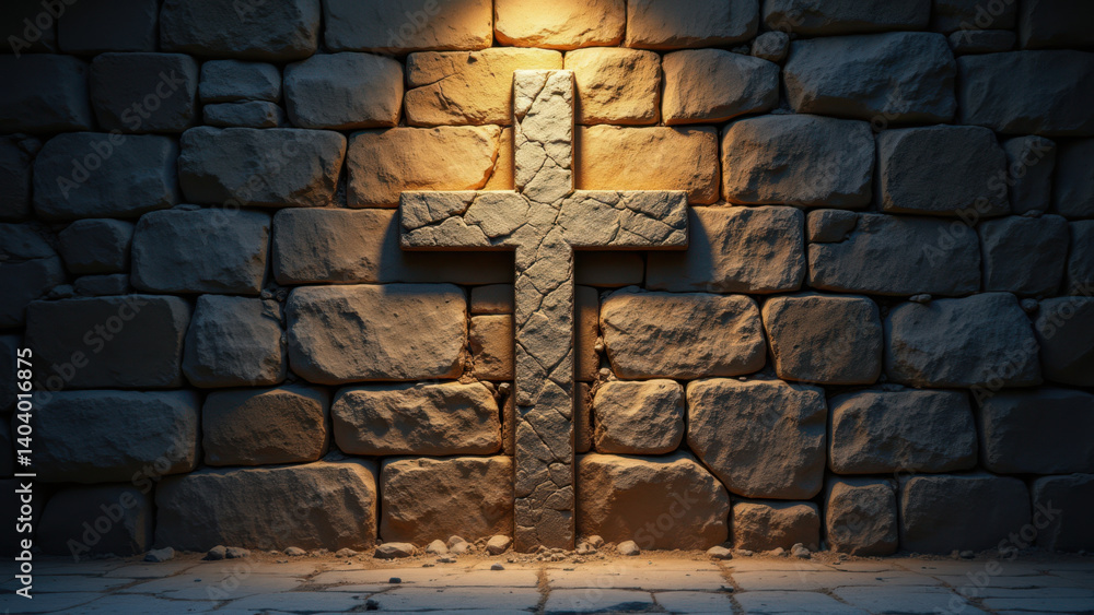 Aufkleber cross in front of a stone wall with a lantern source creating a dramatic effect.