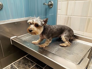 Small wet dog stands nervously on a metal platform in a wash station, looking adorable despite being soaked. Hair is tousled and damp.