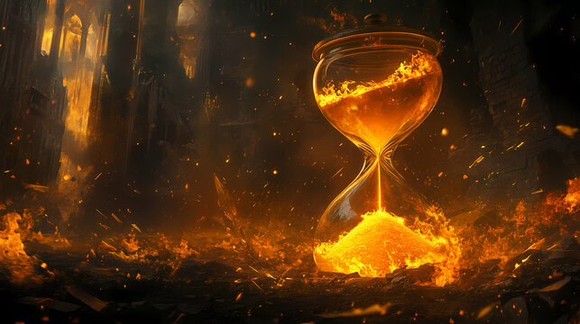 Hourglass encased in fire, symbolising fleeting time and impending doom in ruins. Cursed Chronicle. Illustration