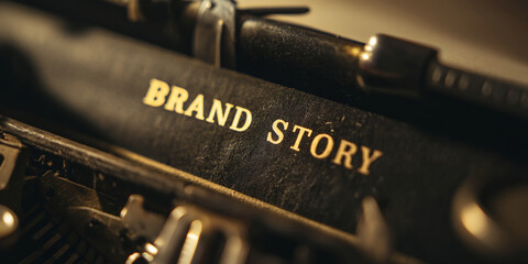 Close-up of vintage typewriter's carriage, showing "Brand Story" in gold lettering on dark textured surface, representing brand building, narrative, and legacy