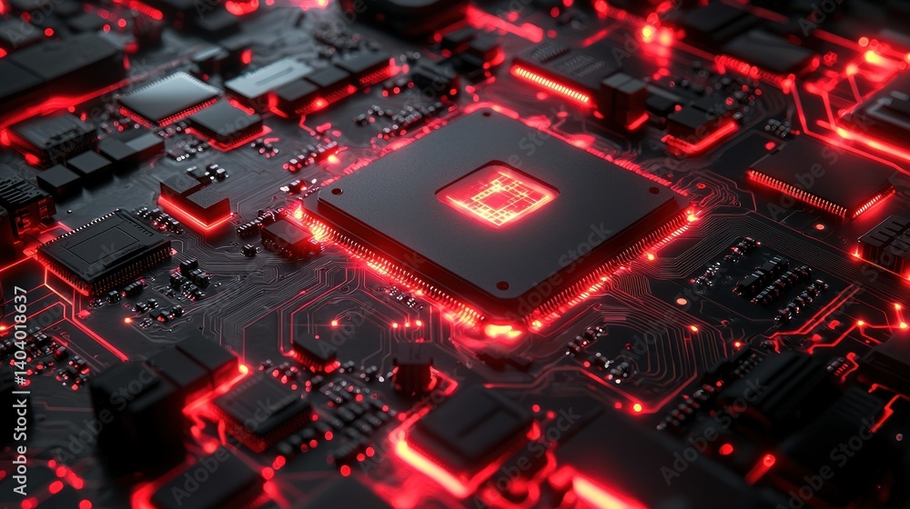 Poster red illuminated circuit board: high-tech computer components closeup