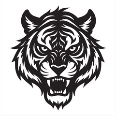 Obraz premium Tribal Tiger Head Vector – Black and White Roaring Tiger Tattoo Design