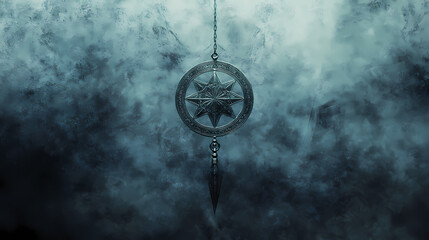 Occult pendulum over a mystic symbol, foggy atmosphere. Oracles Tapestry. Illustration