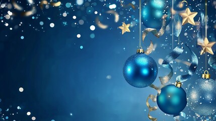 Elegant blue christmas ornaments with gold stars festive winter holiday background card shiny party