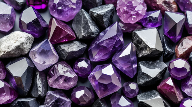 Amethyst garnet crystals. Burgundy gemstone. Mineral crystals in the natural environment. Texture of precious and semiprecious stones. Colored shiny surface of precious stones.