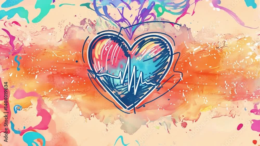 Poster a vibrant abstract composition features a heart outline with a heartbeat line at its center. bold co