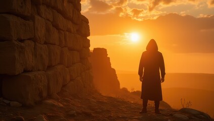Fototapeta premium Silhouette of Person at Sunset by Ancient Stone Wall