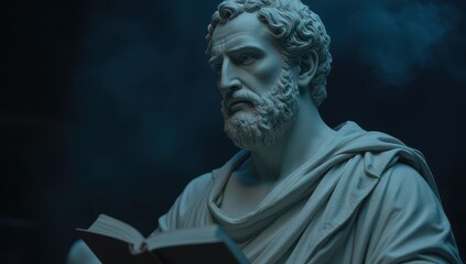 Classical Statue of a Bearded Man Reading a Book