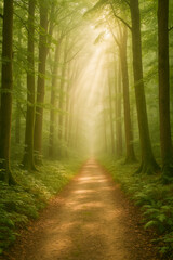 Naklejka premium Mystical Forest Path with Sunbeams Through Morning Mist