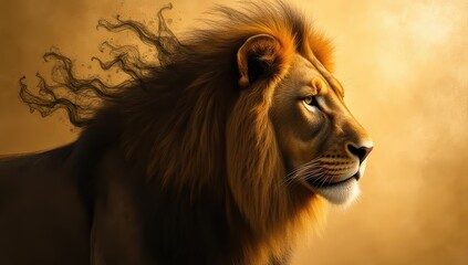Naklejka premium Majestic Lion with Flowing Mane in Golden Light