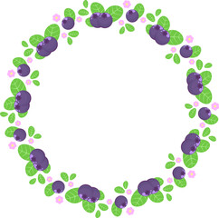 Blueberry wreath with pink flowers and green leaves. Bilberry wreath. Border. Frame. Vector illustration.